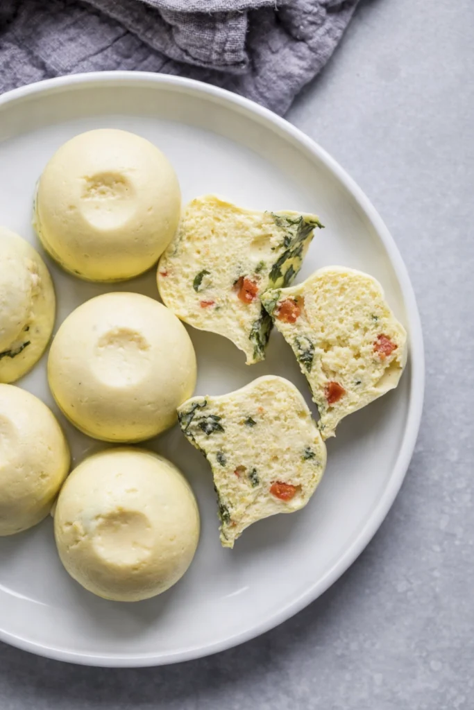 Fluffy steamed egg bites with vegetables on a white plate, soft texture and colorful bell peppers visible inside