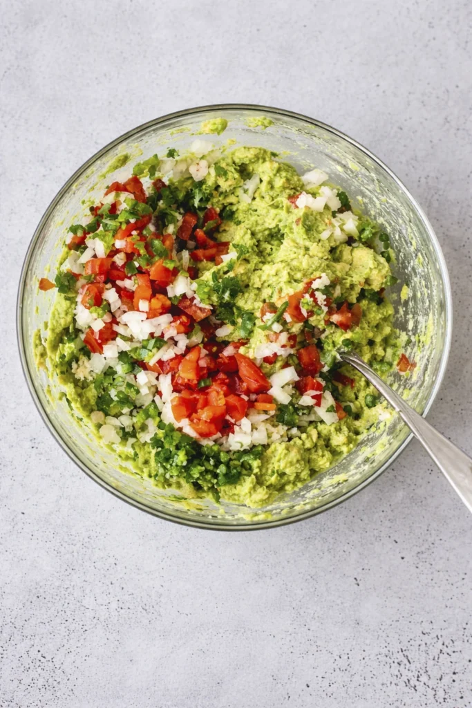 Fresh homemade guacamole in a glass bowl topped with diced tomatoes onions and jalapeños on a light gray background