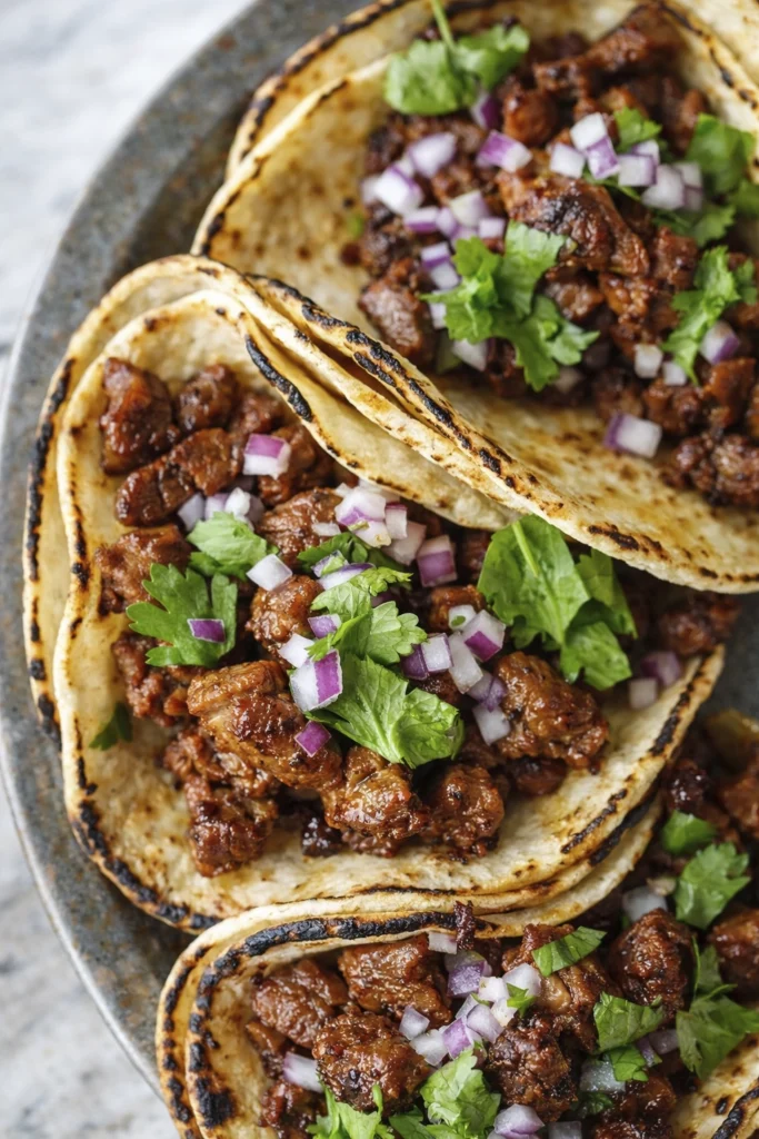 Top-Down Carne Asada Tacos with Lime and Fresh Cilantro