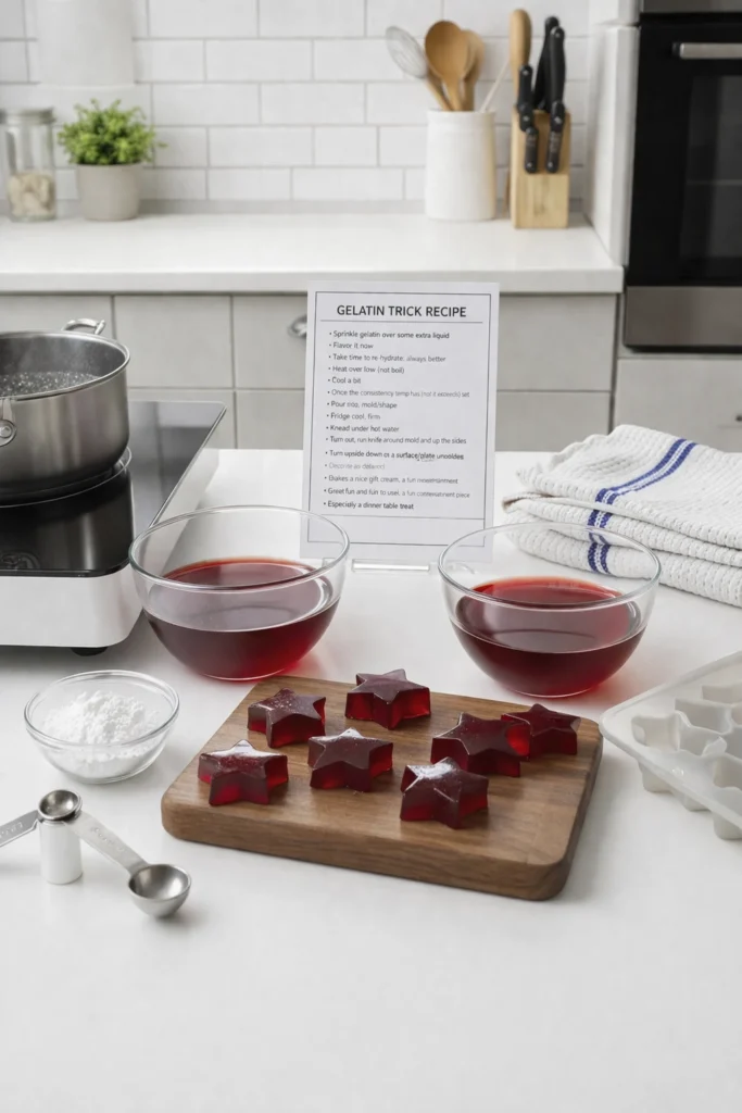 A clean kitchen countertop setup with red gelatin mixture, star-shaped jelly pieces, measuring spoons, gelatin powder, and recipe tools for making homemade gelatin.
