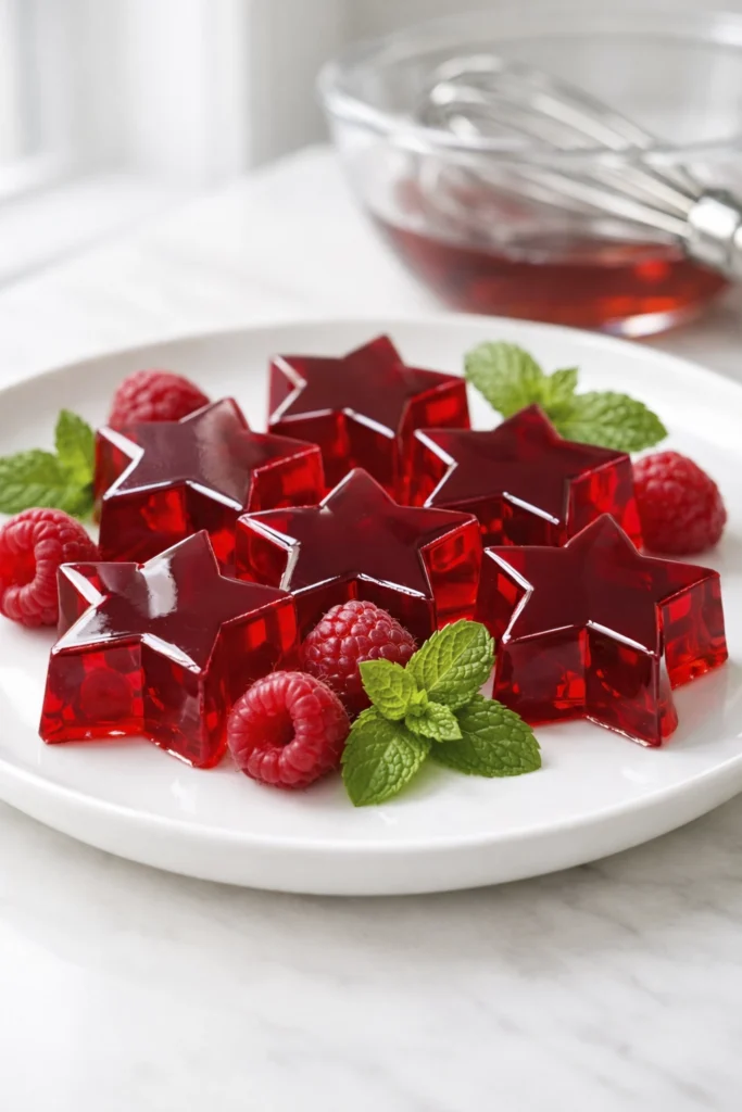 Glossy red star-shaped gelatin dessert arranged on a white plate with mint leaves and fresh raspberries on a light wooden table.