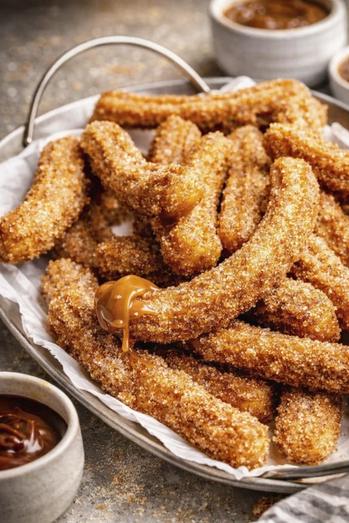 Top view of crispy cinnamon sugar churros in a tray with chocolate and caramel dipping sauces on the side