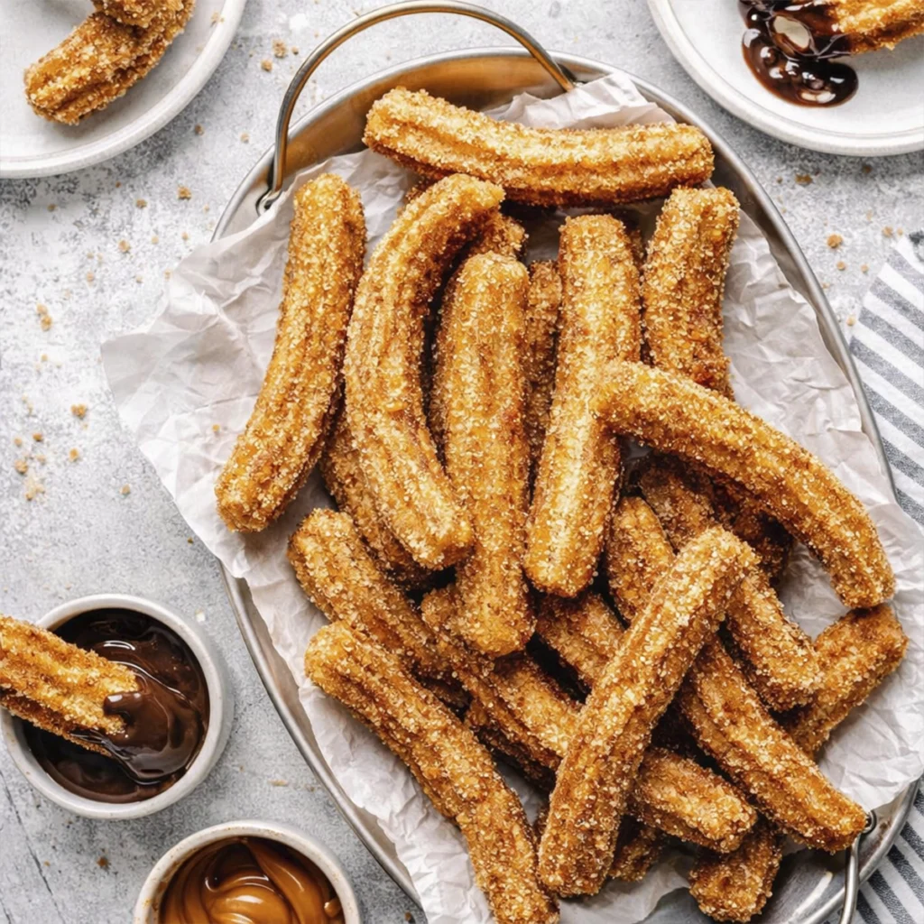 Crispy cinnamon sugar churros served with chocolate and caramel dipping sauces in a rustic tray.
