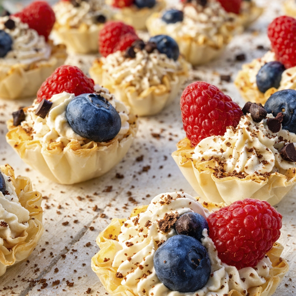 Close-up top view of mini phyllo cups with whipped cream, raspberries, blueberries, and chocolate chips