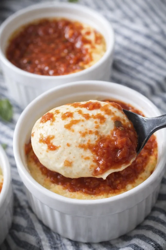 Close-up of a spoon lifting creamy baked cheesecake or custard topped with red tomato sauce from a white ramekin.