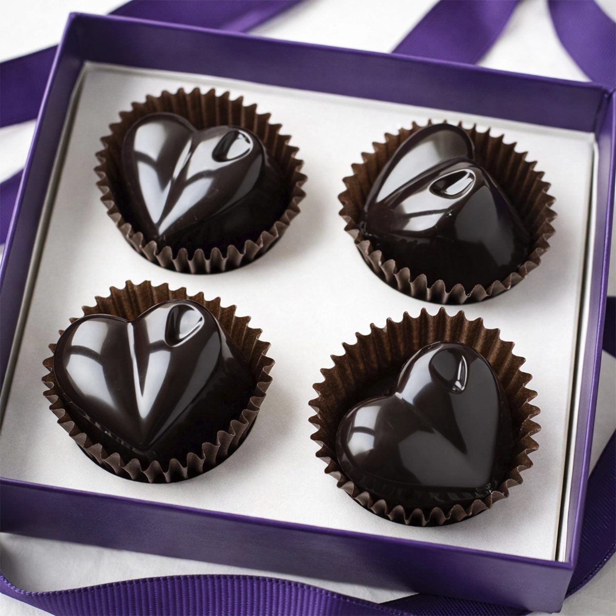 Four glossy heart-shaped dark chocolate truffles arranged in a white gift box with a purple ribbon, photographed from above on a clean background