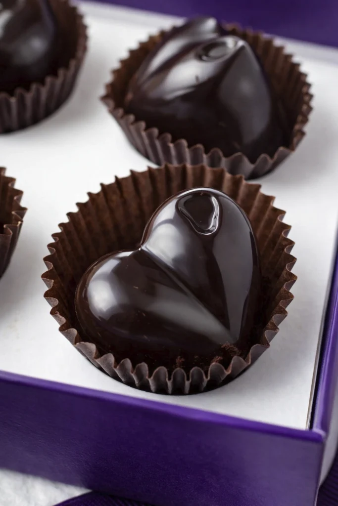 Close-up of glossy dark chocolate heart-shaped truffles in paper cups inside a luxury gift box with a purple edge.