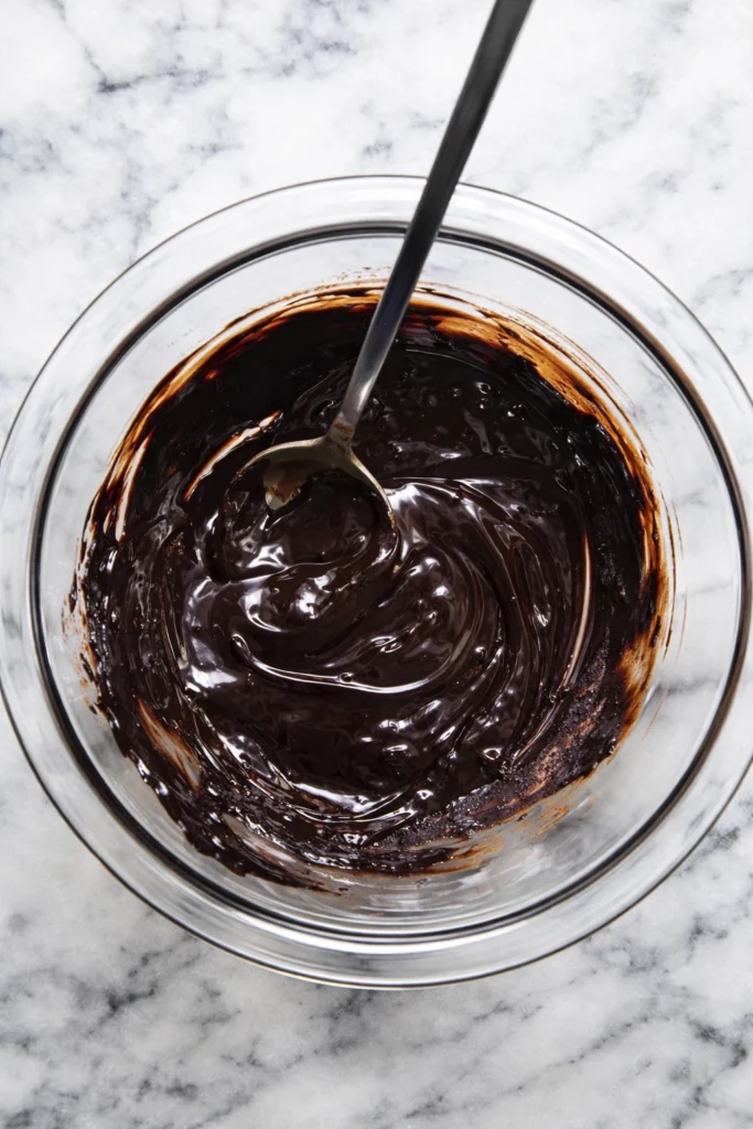 Top-down view of melted dark chocolate being stirred in a glass bowl with a spoon on a white marble surface.