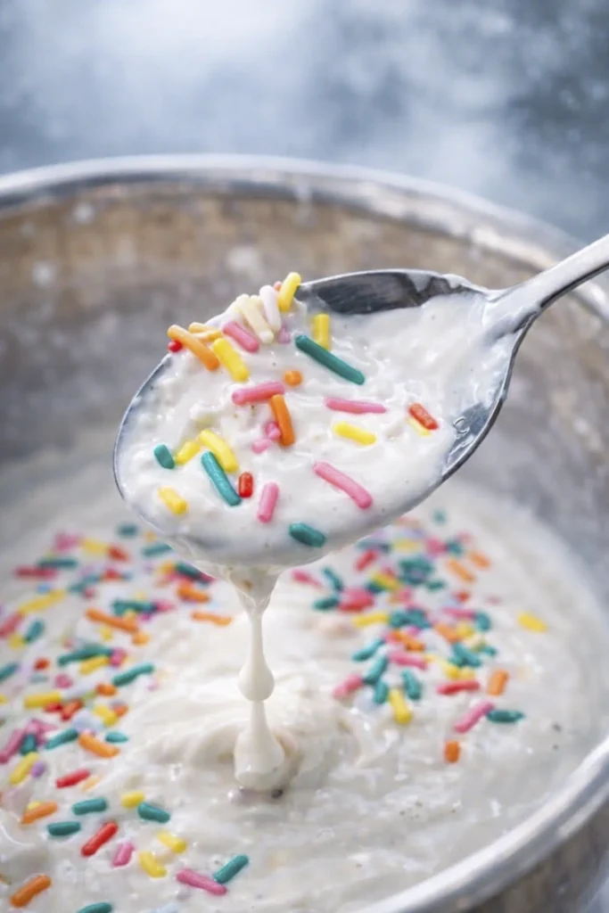 Close-up of a spoon lifting creamy dessert mixture with colorful sprinkles dripping into a bowl