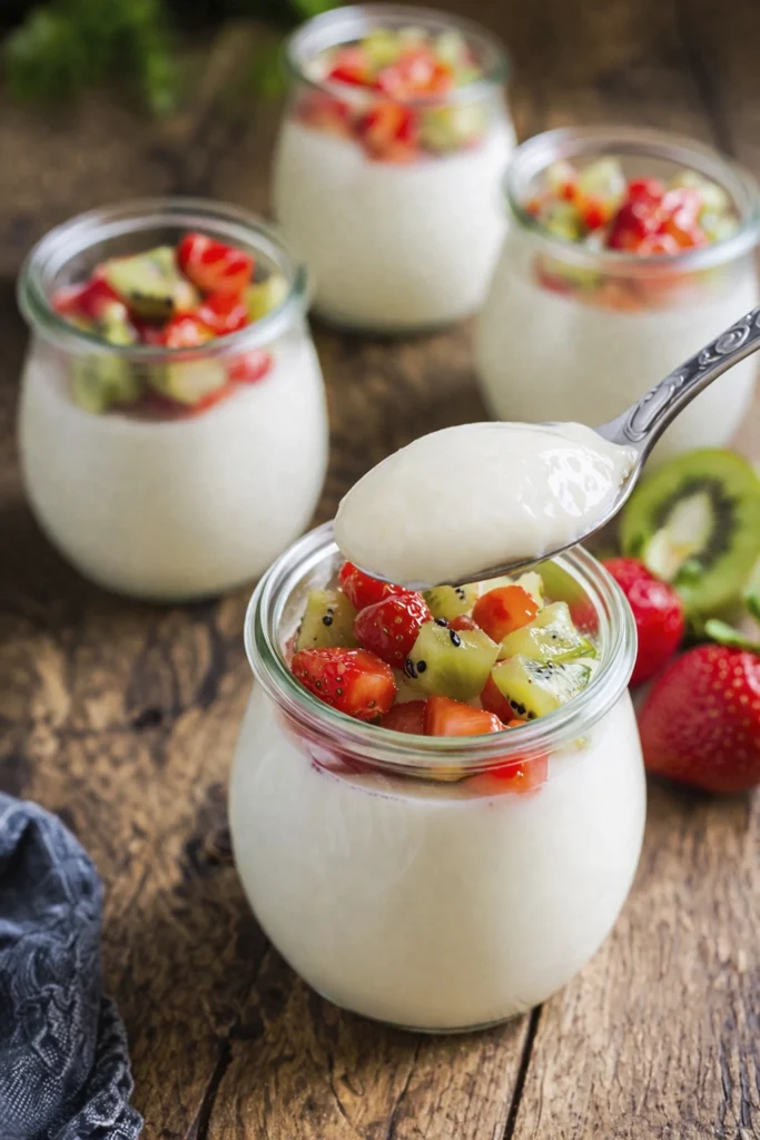Creamy vanilla pudding in glass jars topped with strawberries and kiwi with a spoonful above the dessert