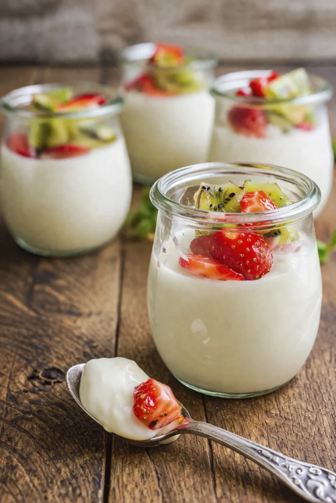Creamy vanilla pudding in glass jars topped with fresh strawberries and kiwi on a rustic wooden table
