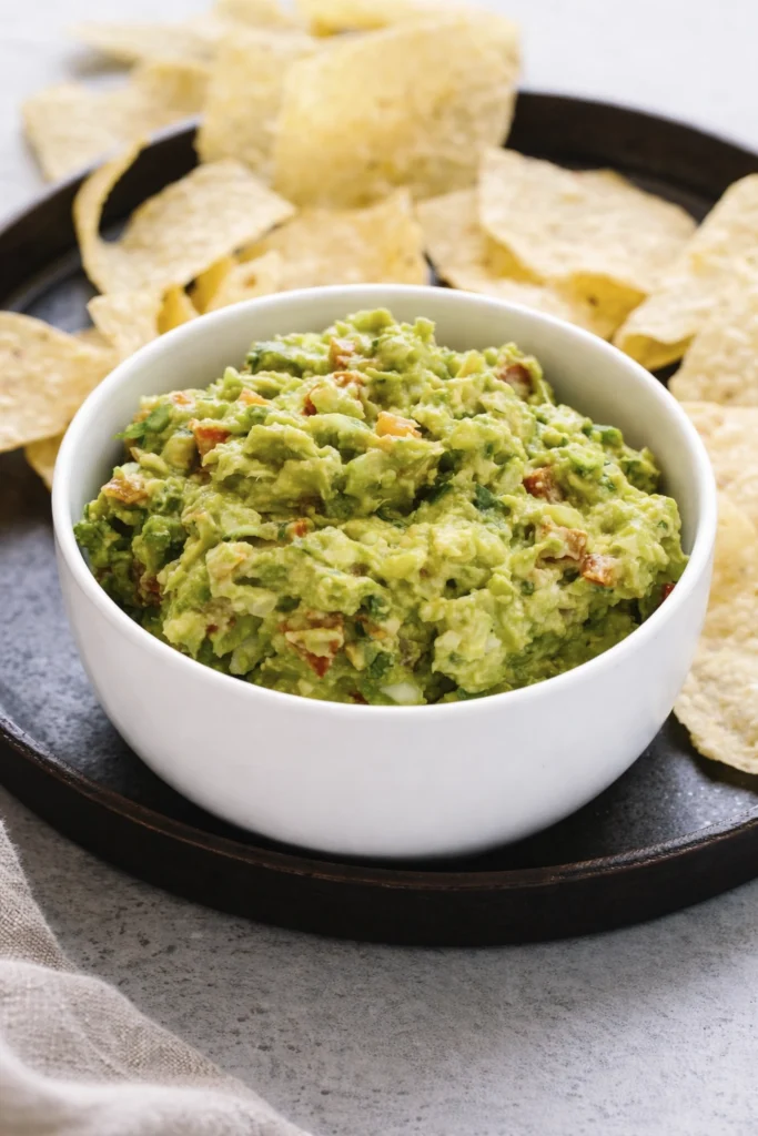 Chunky homemade guacamole in a white bowl served with tortilla chips on a dark tray