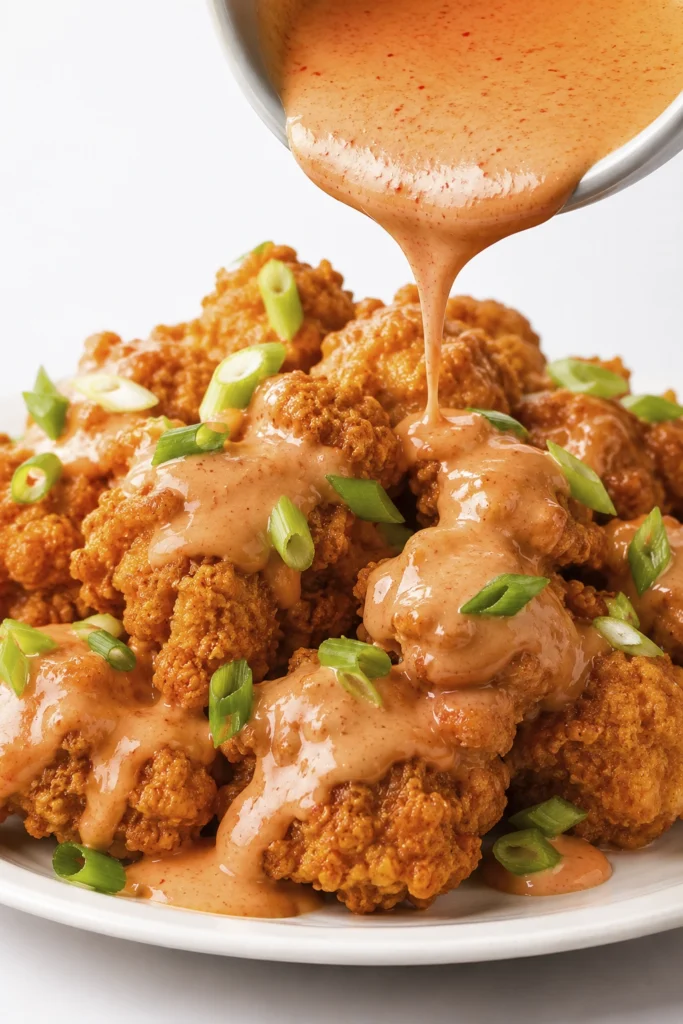 Crunchy fried shrimp topped with creamy sauce and sliced green onions