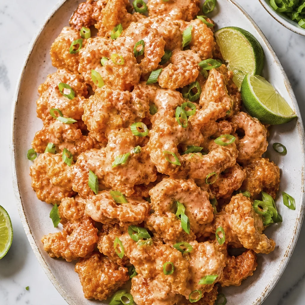 Crispy shrimp coated in creamy spicy sauce with scallions and fresh lime wedges