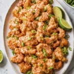 Crispy shrimp coated in creamy spicy sauce with scallions and fresh lime wedges