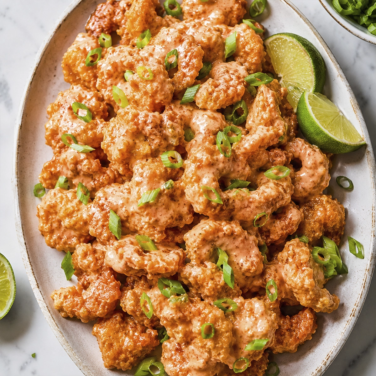 Crispy shrimp coated in creamy spicy sauce with scallions and fresh lime wedges
