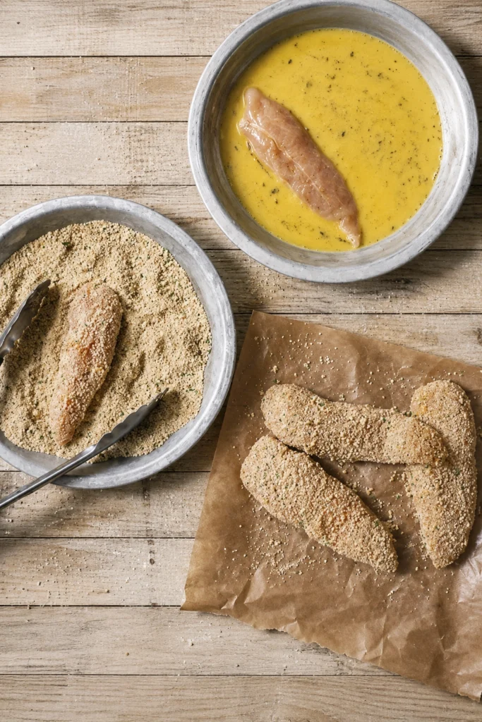 Crunchy breaded chicken tenders with creamy dipping sauce on serving plates