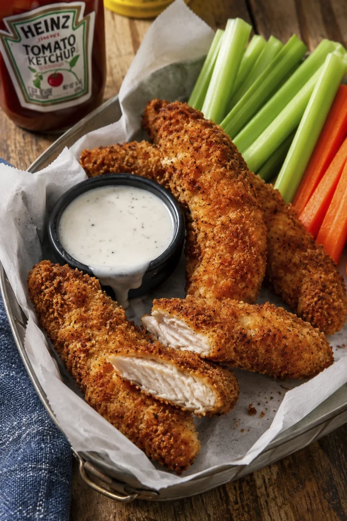 Crispy chicken strips served with ranch dressing celery and carrot sticks