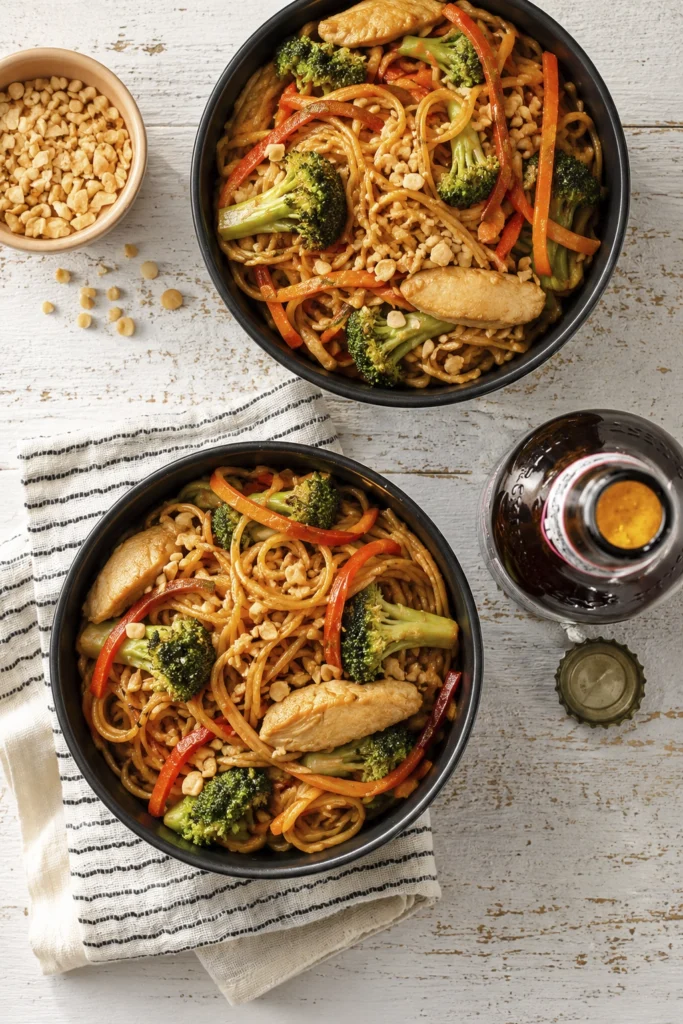 Bowls of noodle stir fry with chicken broccoli carrots and crunchy peanuts