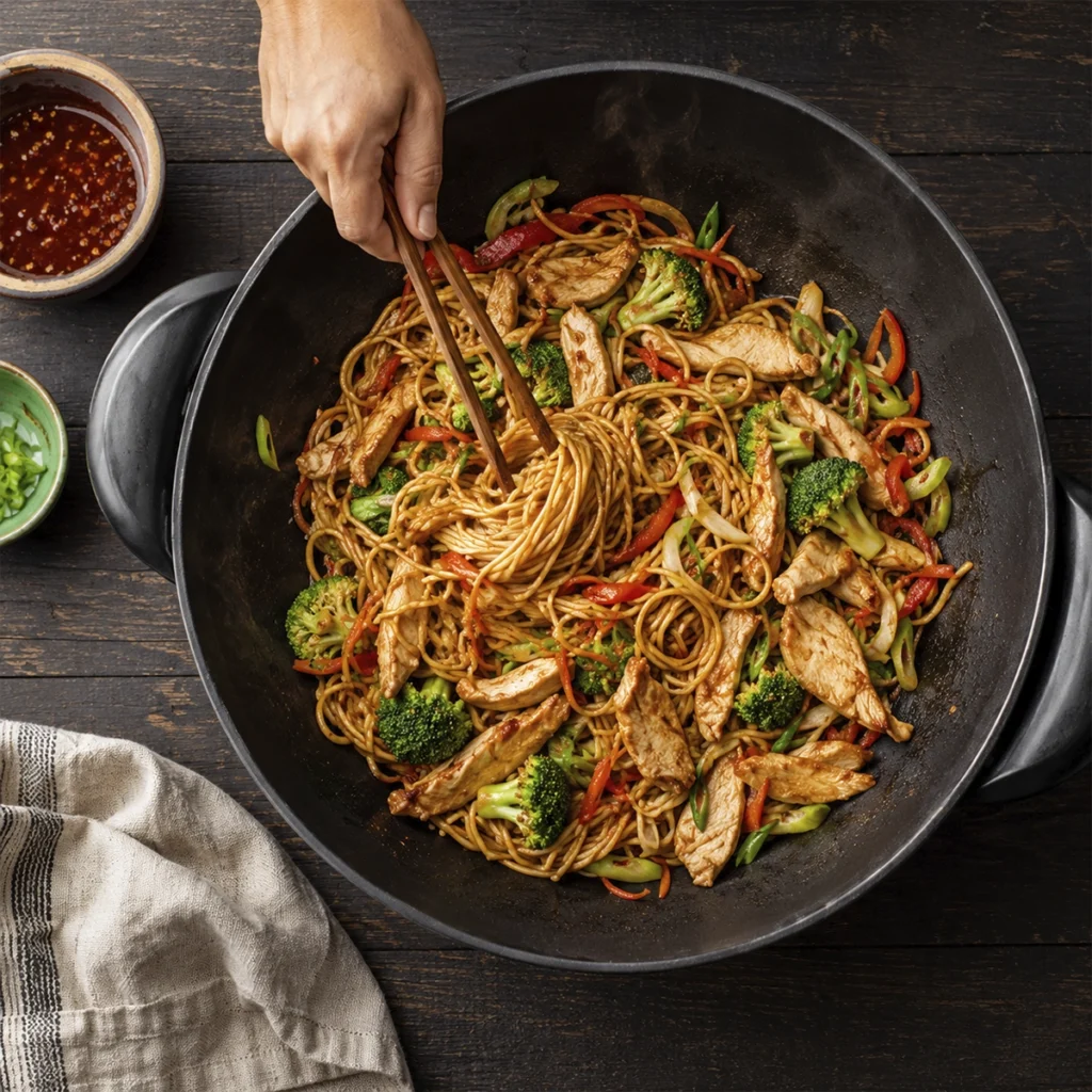 Freshly cooked noodles tossed with chicken and vegetables in a hot wok
