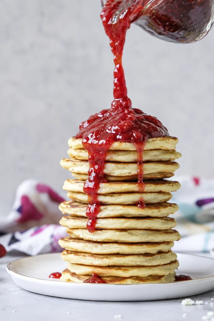 Mini pancake stacks served with strawberries, whipped cream, and strawberry syrup on ceramic plates