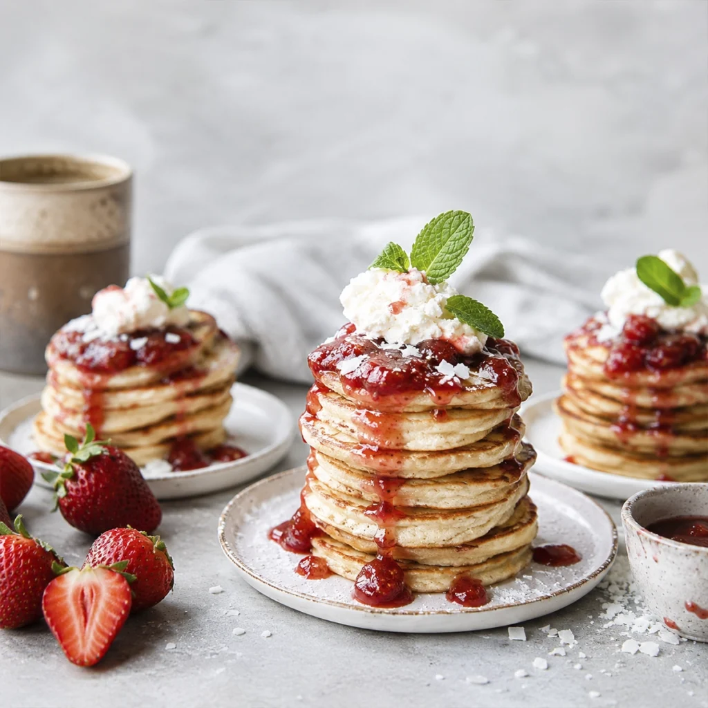 Stack of fluffy mini pancakes topped with warm strawberry sauce pouring from a glass jar