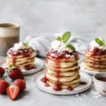 Stack of fluffy mini pancakes topped with warm strawberry sauce pouring from a glass jar