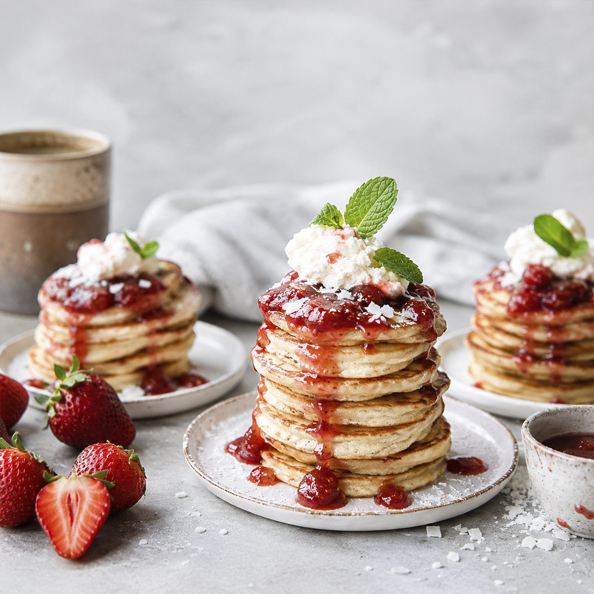 Stack of fluffy mini pancakes topped with warm strawberry sauce pouring from a glass jar