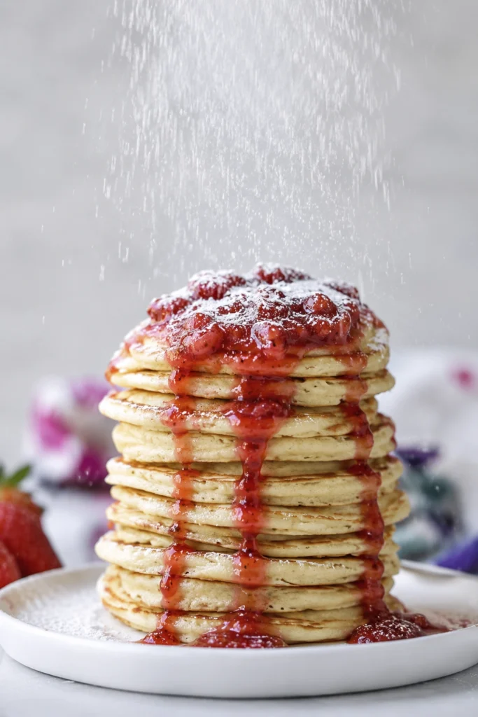 Golden pancakes layered with fresh strawberry compote and powdered sugar falling from above