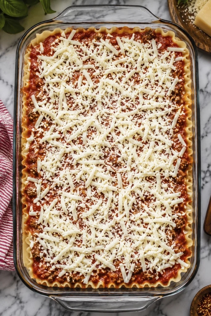 Top-down view of homemade lasagna in a glass baking dish topped with shredded mozzarella cheese before baking.