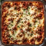 Freshly baked homemade beef lasagna layered with rich meat sauce, pasta, and gooey melted mozzarella cheese.