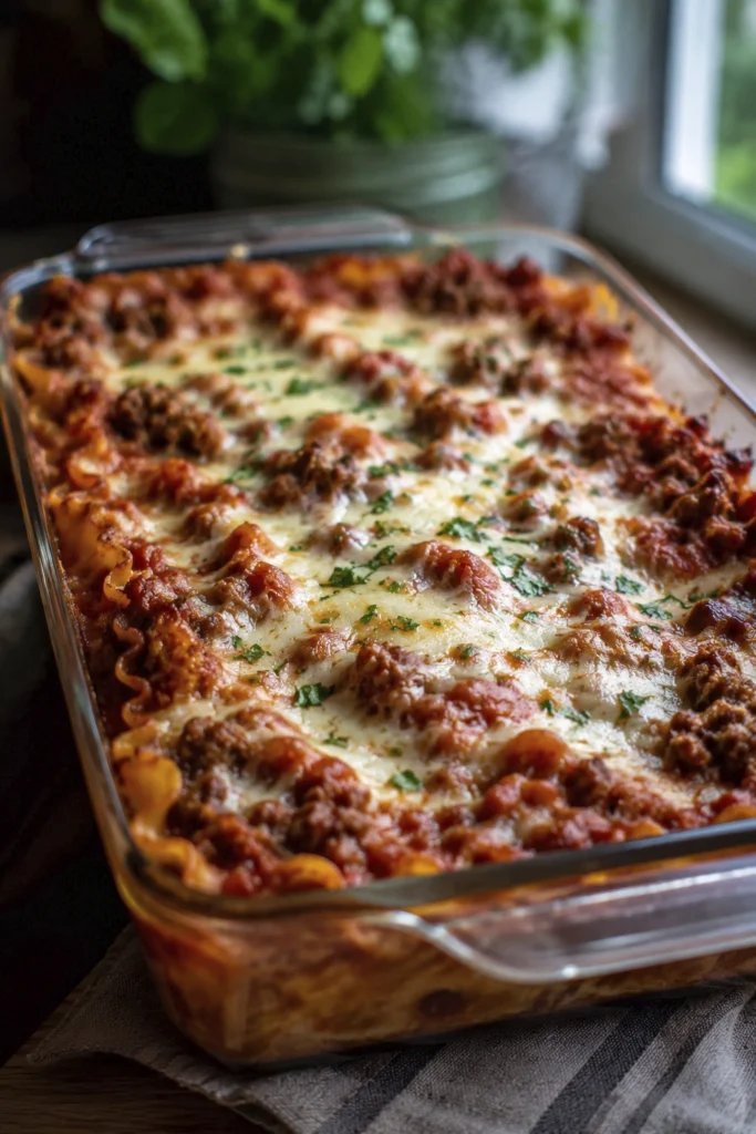 Homemade cheesy lasagna baked in a glass casserole dish with rich meat sauce and melted mozzarella cheese.