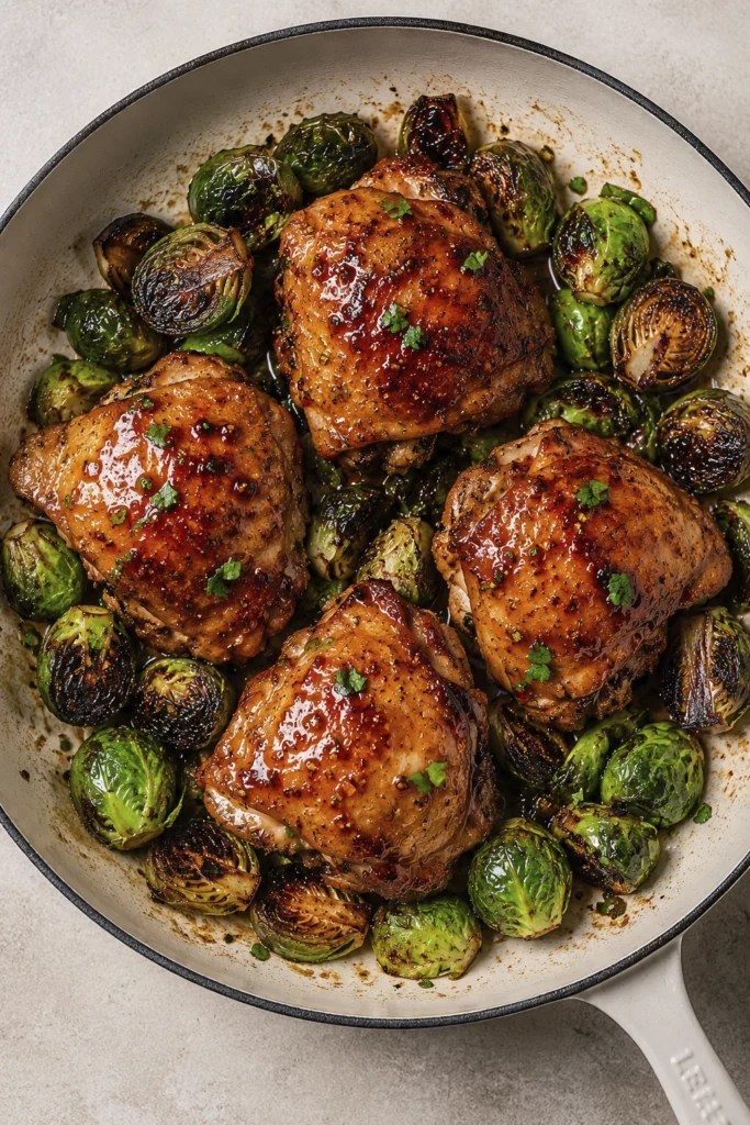Roasted chicken thighs topped with sticky glaze served with caramelized Brussels sprouts