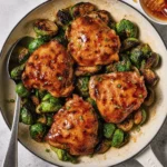 Skillet chicken thighs coated in spicy honey glaze with crispy roasted Brussels sprouts