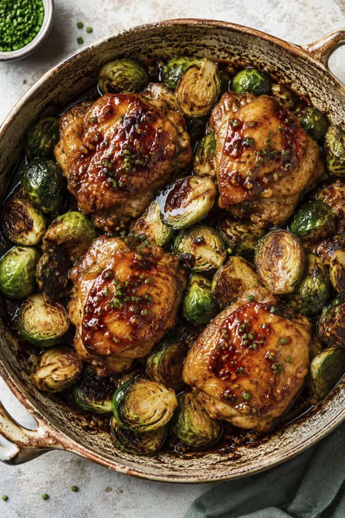 Juicy roasted chicken thighs in a rich honey chili sauce with charred Brussels sprouts