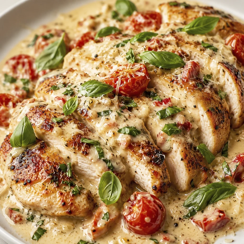 Creamy Tuscan chicken with roasted tomatoes, parmesan garlic sauce, and fresh basil served on a white plate.