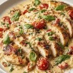 Creamy Tuscan chicken with roasted tomatoes, parmesan garlic sauce, and fresh basil served on a white plate.