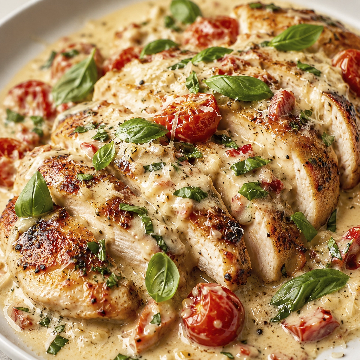 Creamy Tuscan chicken with roasted tomatoes, parmesan garlic sauce, and fresh basil served on a white plate.