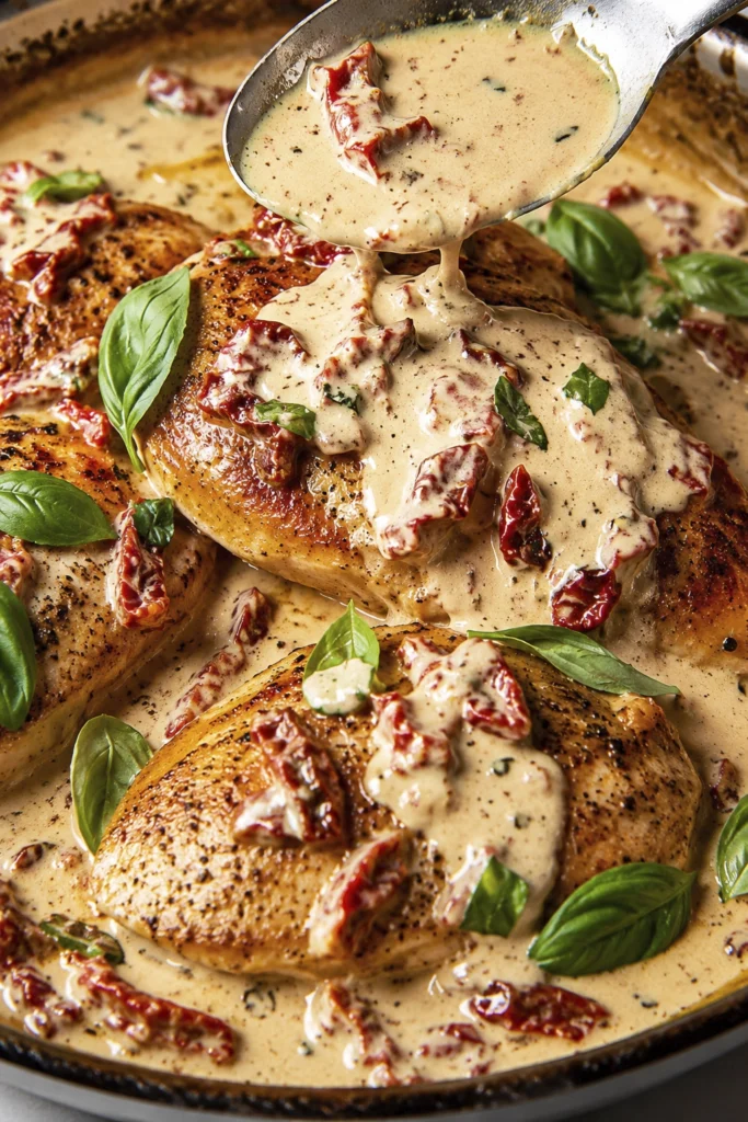 Creamy Tuscan chicken with garlic parmesan sauce, basil leaves, and sun-dried tomatoes in a skillet.