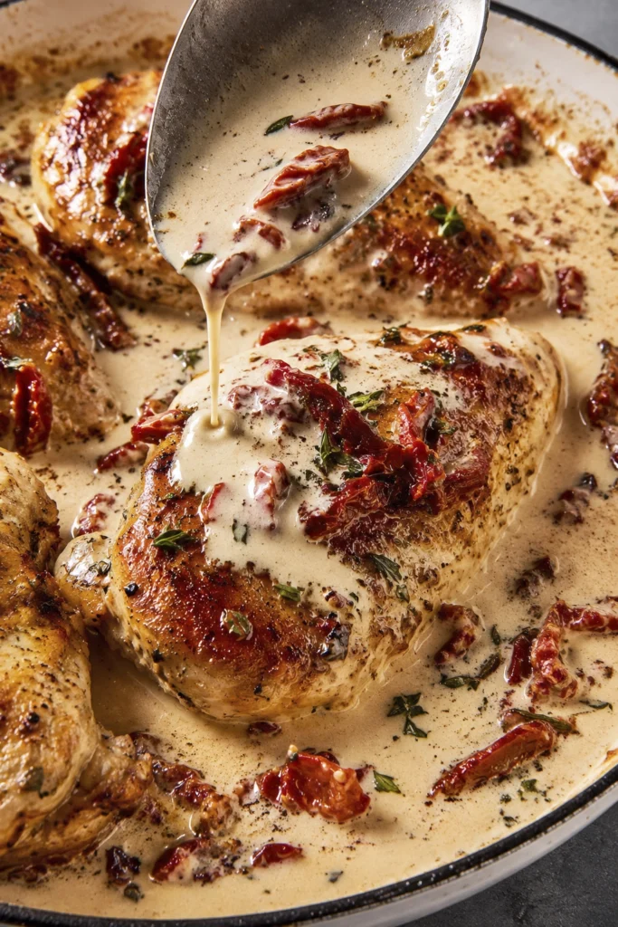 Creamy Tuscan chicken with sun-dried tomatoes in a rich garlic parmesan sauce served in a rustic skillet.