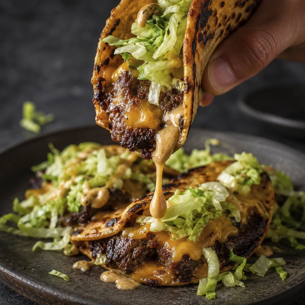 Crispy beef taco with melted cheddar cheese, shredded lettuce, and creamy burger sauce being lifted from a plate