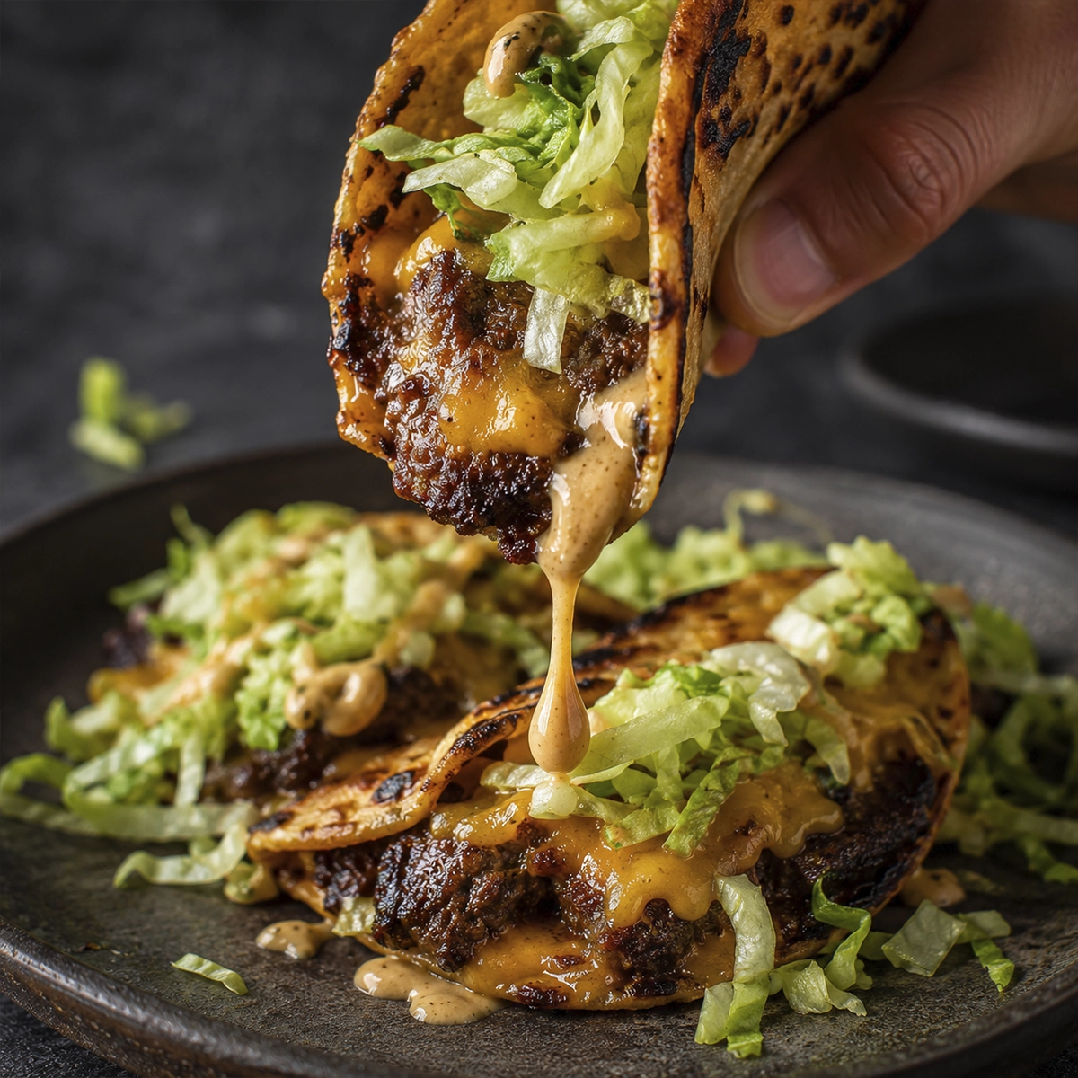 Crispy beef taco with melted cheddar cheese, shredded lettuce, and creamy burger sauce being lifted from a plate