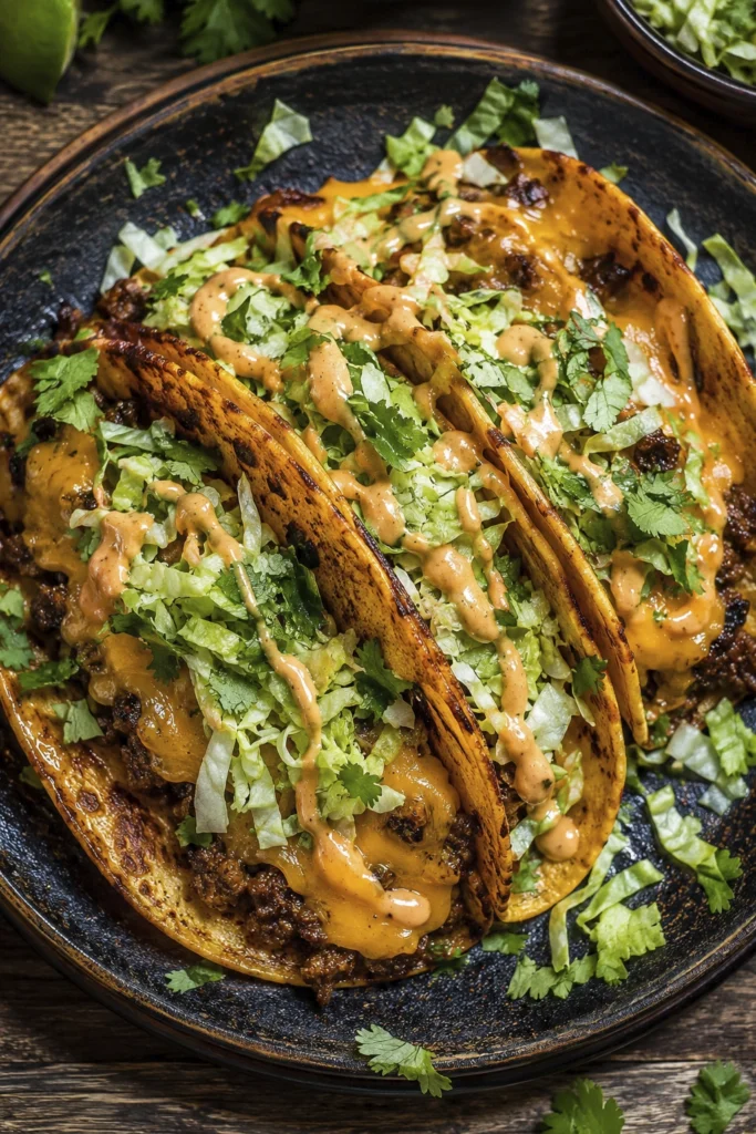 Three cheesy beef tacos topped with lettuce, cilantro, and creamy sauce on a dark serving plate