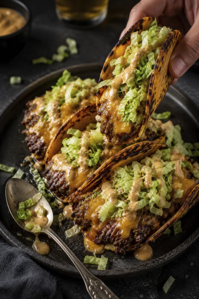 Toasted taco filled with crispy ground beef, melted cheese, lettuce, and dripping creamy sauce
