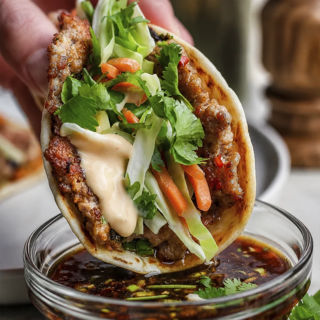 Close up of crispy pork taco topped with cabbage slaw and fresh cilantro on a toasted flatbread