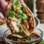 Close up of crispy pork taco topped with cabbage slaw and fresh cilantro on a toasted flatbread