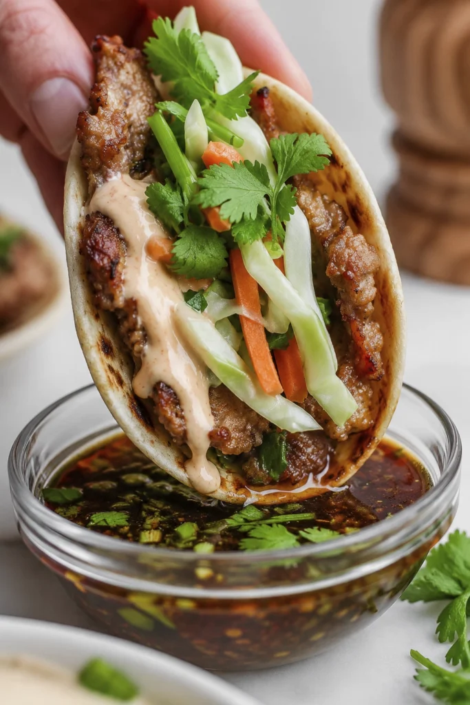 Handheld pork taco dipping into dark soy chili sauce with cabbage slaw and spicy mayo