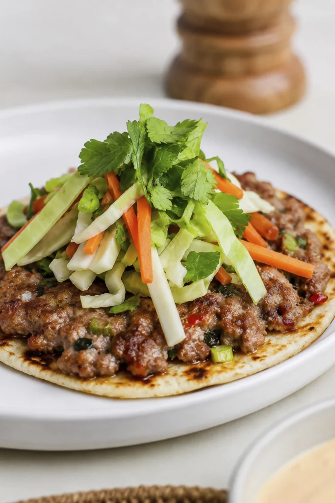 Close up of toasted pork flatbread taco with cilantro and crunchy vegetable slaw