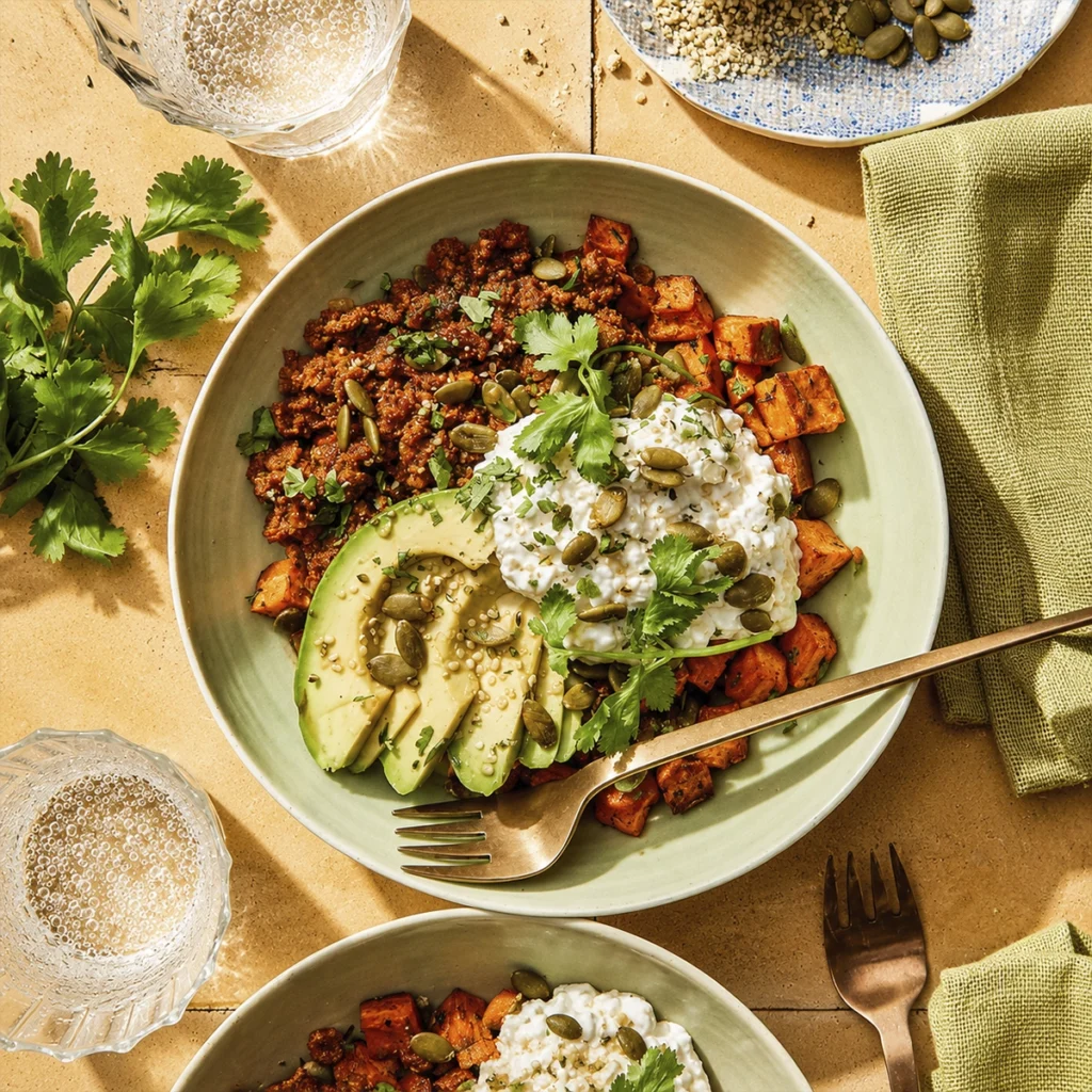 Healthy vegan nourish bowl with roasted sweet potatoes, avocado slices, creamy yogurt sauce, spicy plant-based crumble, pumpkin seeds, and fresh cilantro in warm natural lighting.
