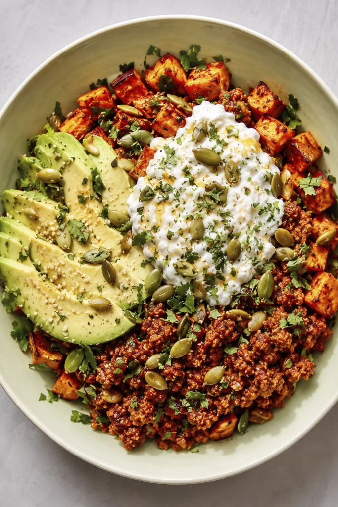 Healthy vegan nourish bowl with roasted sweet potatoes, avocado slices, creamy yogurt topping, pumpkin seeds, and spicy plant-based crumble photographed from above.